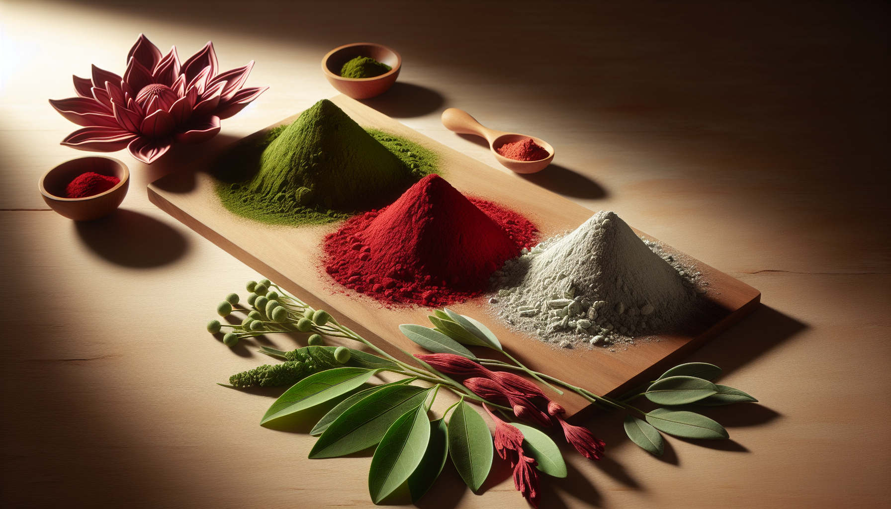 Red, green, and white kratom powder varieties