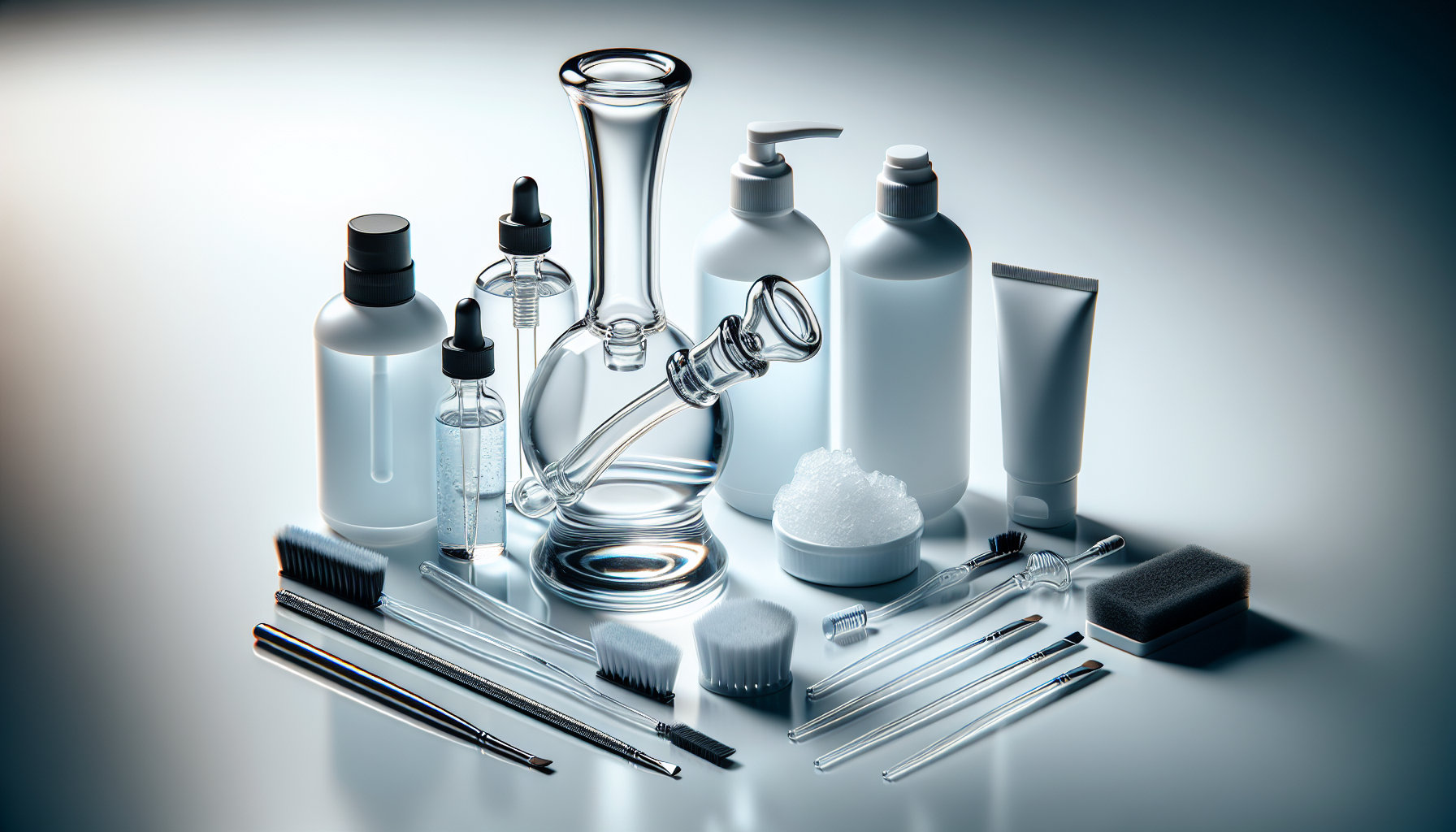 Bong and pipe cleaning supplies including cleaning solution and brushes
