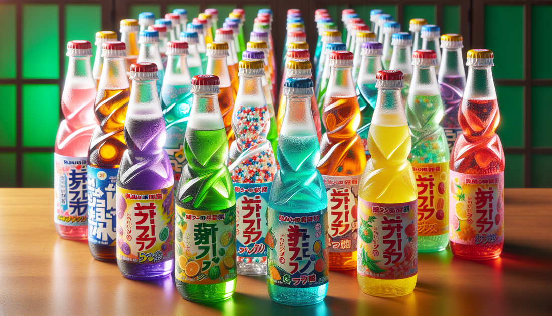 Ramune Japanese soda bottles showing marble seal and various flavors