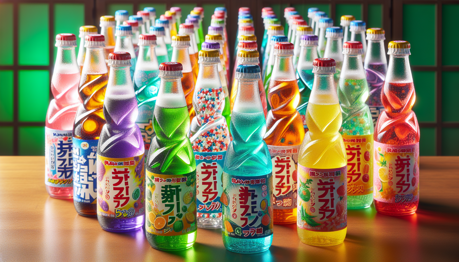 Ramune Japanese soda bottles showing marble seal and various flavors