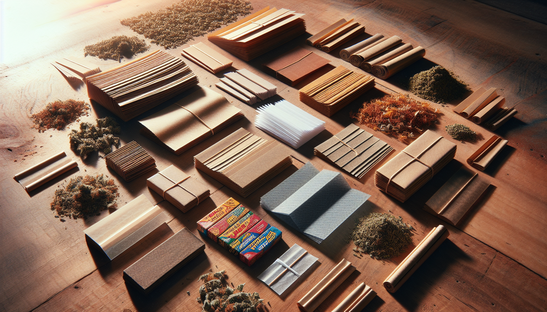 Rolling papers and hemp wraps collection showing various sizes and materials