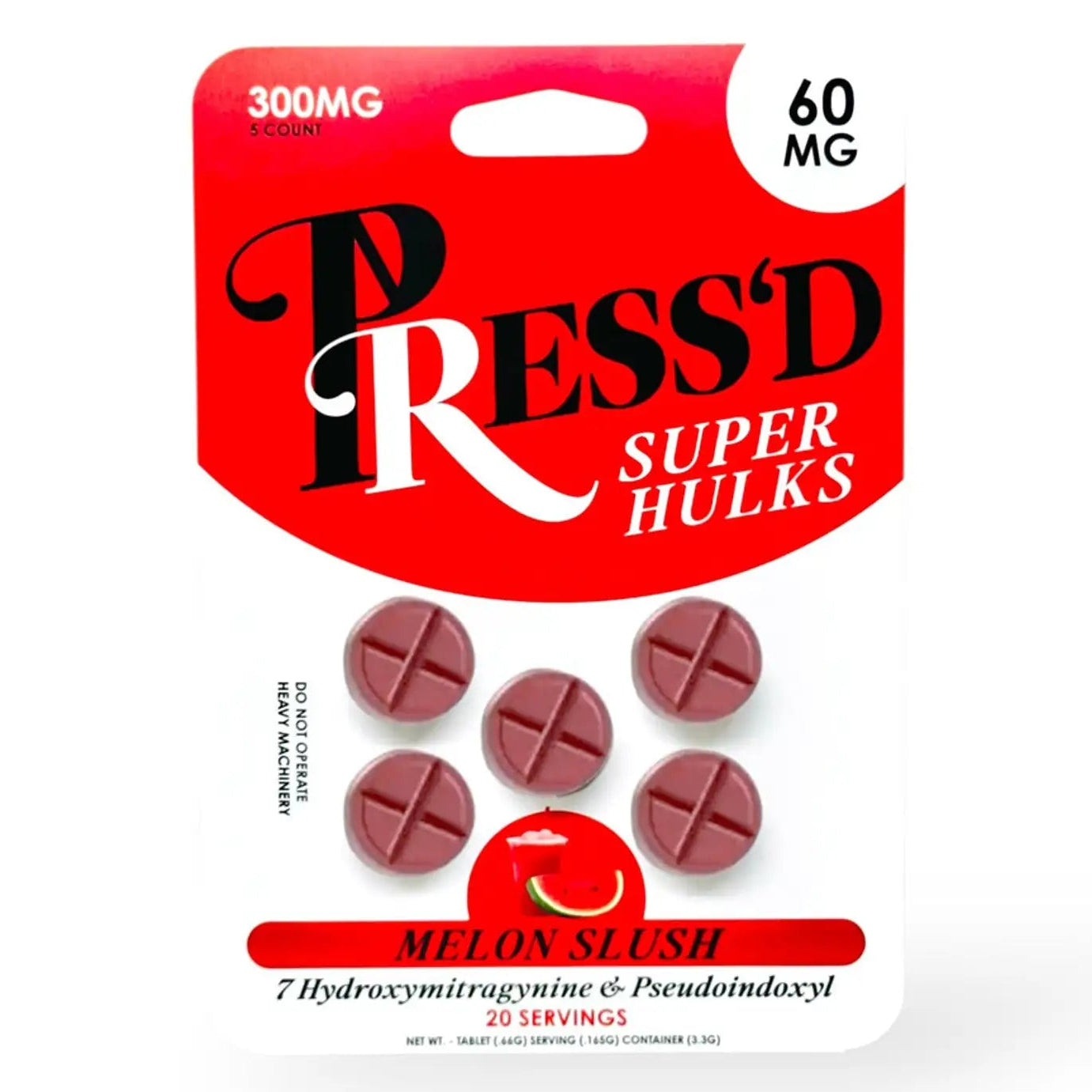 Pack of Press'd Super Hullks with red packaging and red pills on a white background